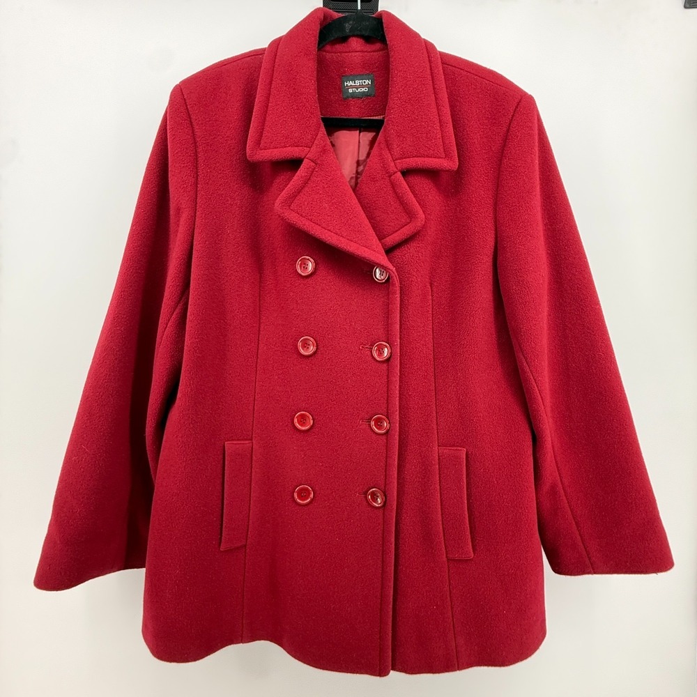Halston Women's‎ Red Peacoat Double Breast Wool Cashmere Size M Jacket Coat